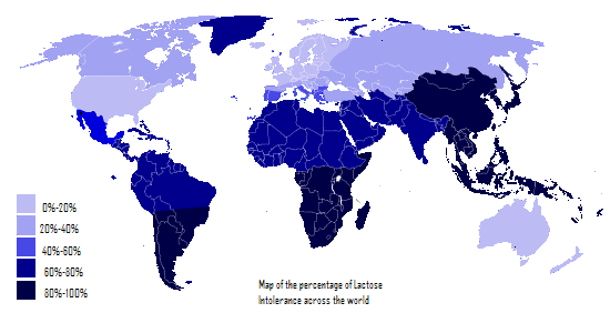 Percentages of people with lactose intolerance in each country